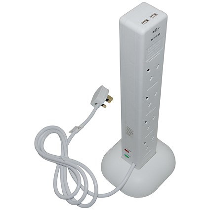 8 Socket Surge Tower with Dual USB Ports, 2m, White