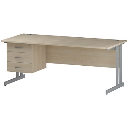 Trexus 1800mm Rectangular Desk, Silver Legs, 3 Drawer Pedestal, Maple