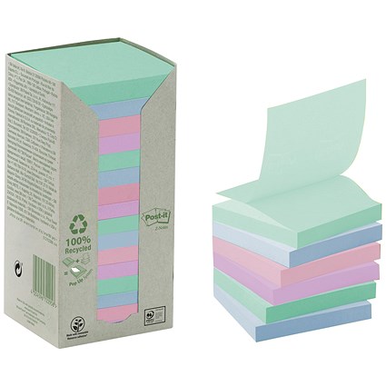 Post-it Recycled Z-Note Tower, 76x76mm, Assorted Pastel, Pack of 16 x 100 Notes