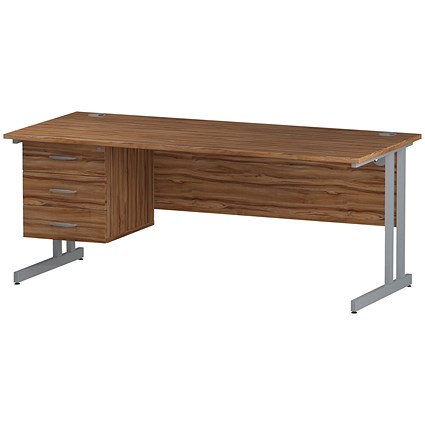 Trexus 1800mm Rectangular Desk, Silver Legs, 3 Drawer Pedestal, Walnut