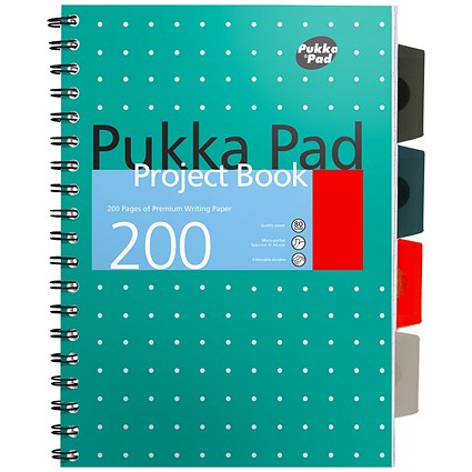 Pukka Pad Wirebound Project Book, B5, Ruled & Perforated, 200 Pages, Green, Pack of 3