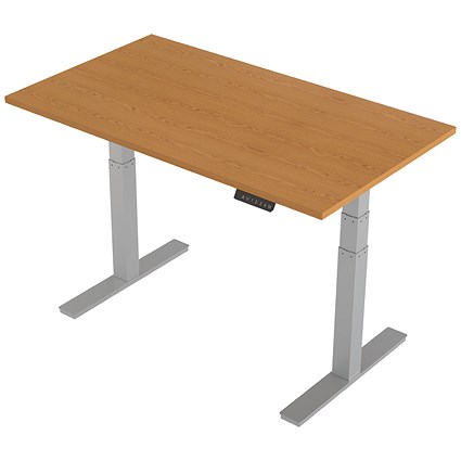 Trexus Height-adjustable Desk, Silver Legs, 1400mm, Oak