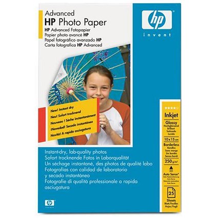 HP Advanced Glossy Photo Paper, 100x150mm, White, 250gsm, Pack of 25