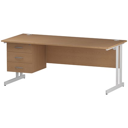 Trexus 1800mm Rectangular Desk, White Legs, 3 Drawer Pedestal, Oak