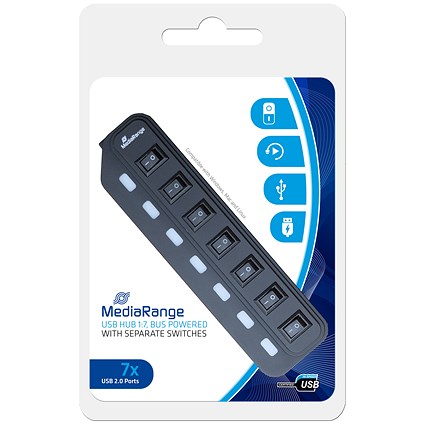 MediaRange USB 2.0 Hub, 7 Ports With Separate Switches, Black