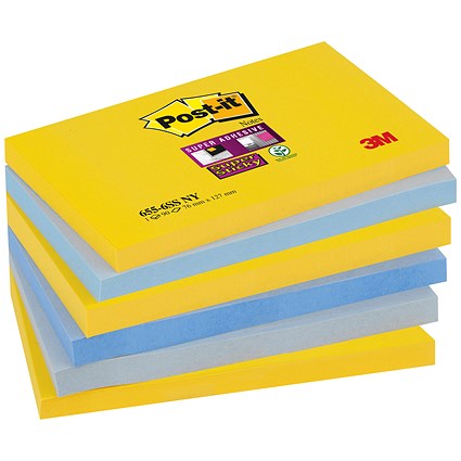 Post-it Super Sticky Notes, 76x127mm, New York Assorted, Pack of 6 x 90 Notes