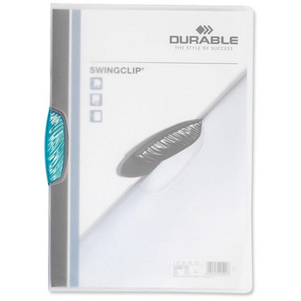 Durable Swingclip Crystal Folders / Polypropylene / 30 Sheet Capacity / A4 / Light Blue / Box of 25