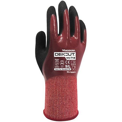 Wonder Grip WG-718 Dexcut Gloves, Nitrile Coated, Large, Red