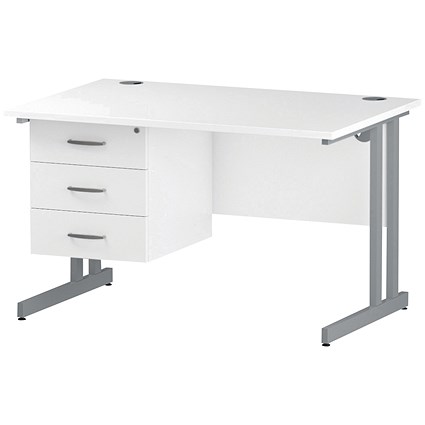 Trexus 1200mm Rectangular Desk, Silver Legs, 3 Drawer Pedestal, White