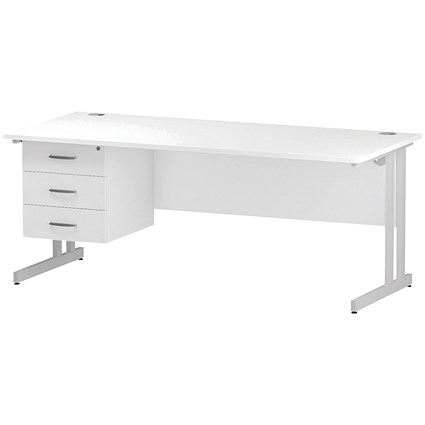 Trexus 1800mm Rectangular Desk, White Legs, 3 Drawer Pedestal, White