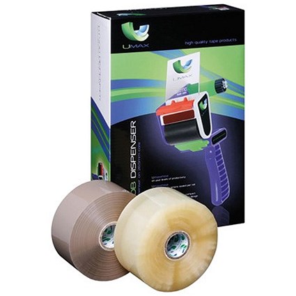 Extra Large Packing Tape with Dispenser / 48mm x 150m / Brown & Clear / Pack of 36