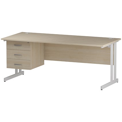 Trexus 1800mm Rectangular Desk, White Legs, 3 Drawer Pedestal, Maple