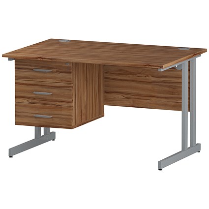 Trexus 1200mm Rectangular Desk, Silver Legs, 3 Drawer Pedestal, Walnut