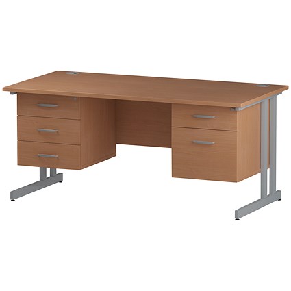 Trexus 1600mm Rectangular Desk, Silver Legs, 2 Pedestals, Beech