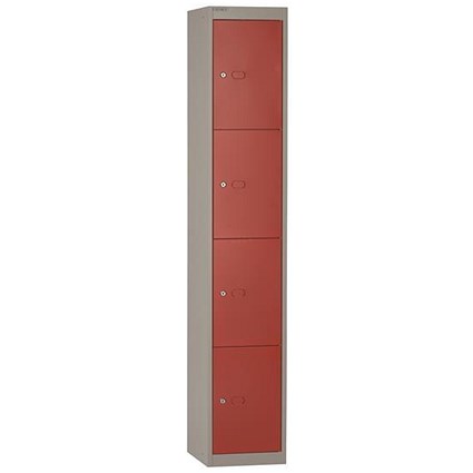 Bisley 4 Door Steel Locker / Depth 305mm / Grey Shell & Red Door