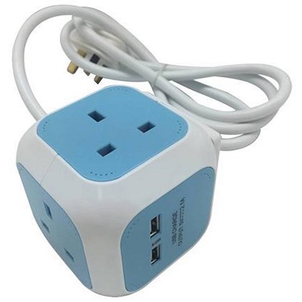 Cube Extension Lead with 4 Sockets 13amp 2 USB Slots 1.4 Meter Cable Blue