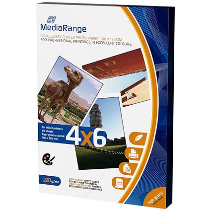 MediaRange Inkjet Photo Paper, 100x150mm, 220g, Pack of 50 Sheets