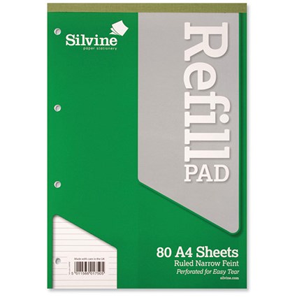 Silvine Refill Pad Headbound Perforated Punched Narrow Ruled 75gsm A4 [Pack 6]