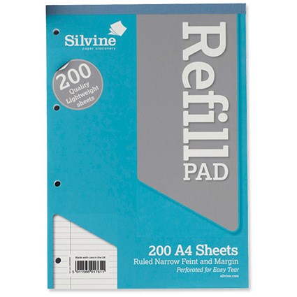 Silvine Refill Pad Headbound Perforated Punched Narrow Ruled Margin 400pp 65gsm A4Ref A4RP200NM [Pack 3]