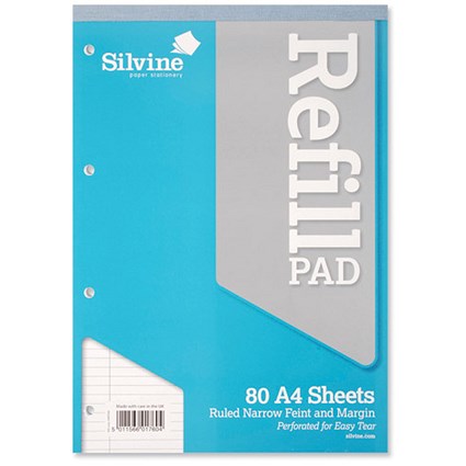 Silvine Refill Pad Headbound Perforated Punched Narrow Ruled Margin 75gsm A4 [Pack 6]