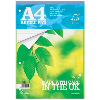 Silvine Premium Refill Pad FSC Perforated Punched Ruled Margin 160pp 75gsm A4 [Pack 5]