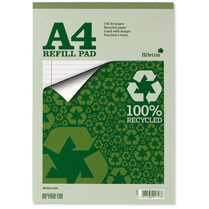 Silvine Everyday Recycled Refill Pad / A4 / Ruled with Margin / 160 Pages / Pack of 6