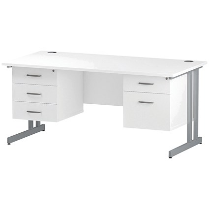 Trexus 1600mm Rectangular Desk, Silver Legs, 2 Pedestals, White
