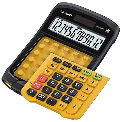 Casio Waterproof Calculator / 12 Digit / 3 Key / Solar and Battery Power / Black/Yellow