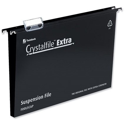 Rexel CrystalFiles Extra Suspension Files, Square Base, 50mm Capacity, Foolscap, Black, Pack of 25