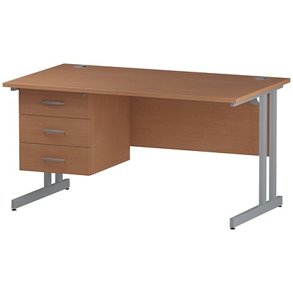 Trexus 1400mm Rectangular Desk, Silver Legs, 3 Drawer Pedestal, Beech