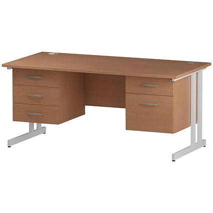 Trexus 1600mm Rectangular Desk, White Legs, 2 Pedestals, Beech