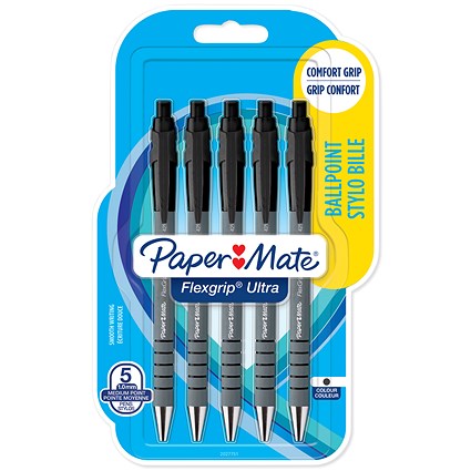 Paper Mate Flexgrip Ultra Retractable Ballpoint Pen, Black, Pack of 5