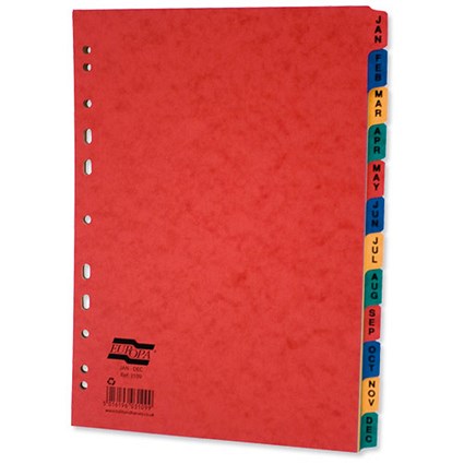 Europa Subject Dividers Pressboard 300gsm Europunched Jan-Dec A4 Assorted [Pack 5]