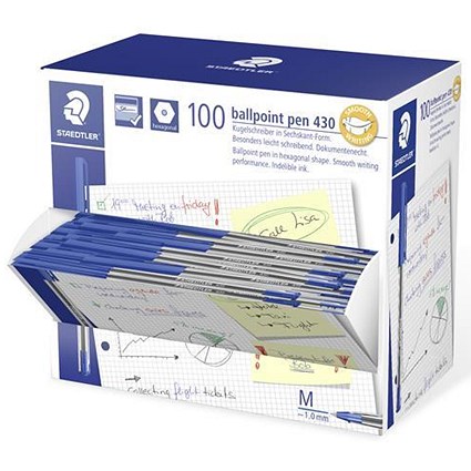 Staedtler 430 Stick Ballpoint Pen, Medium, Blue, Pack of 100