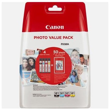Canon CLI-581 Inkjet Cartridges - Black, Cyan, Magenta, Yellow + Photo Pack (4 Cartridges)