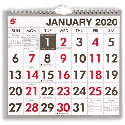 5 Star 2020 Wall Calendar, Month to View, Wirebound, 249x231mm, White