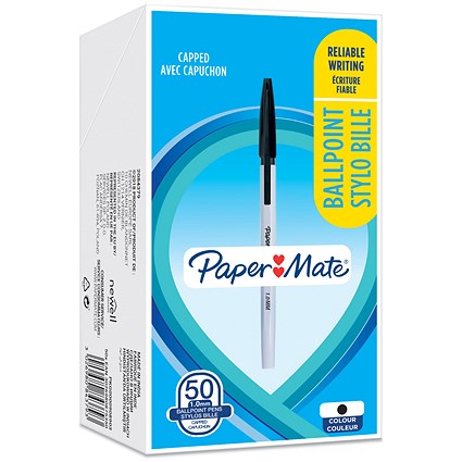 Paper Mate Ball Point Pen 1.0mm Capped Black [Box 50]