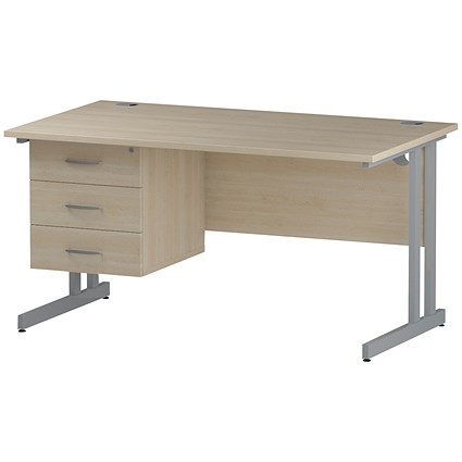 Trexus 1400mm Rectangular Desk, Silver Legs, 3 Drawer Pedestal, Maple