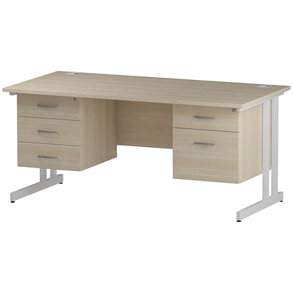 Trexus 1600mm Rectangular Desk, White Legs, 2 Pedestals, Maple