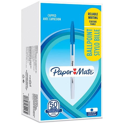 Paper Mate Ball Point Pen, 1.0mm, Capped, Blue, Pack of 50