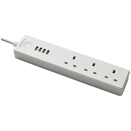 Ener-J 3 Socket WiFi Power Extension Lead, 4 USB Charging Points, Surge Protector, 1.8m, White