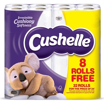 Cushelle Toilet Rolls, White, 2-Ply, 180 Sheets per Roll, 1 Pack of 32 Rolls (24 Plus 8 Free)