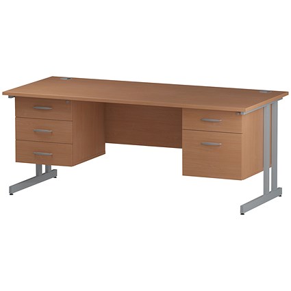 Trexus 1800mm Rectangular Desk, Silver Legs, 2 Pedestals, Beech