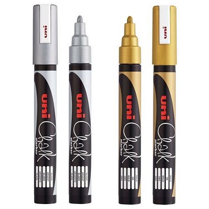 Uni-Chalk Marker Pen / Bullet Tip / Gold & Silver / Pack of 4
