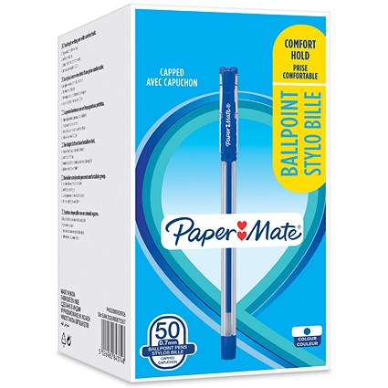 Paper Mate Ball Point Pen, 0.7mm, Capped, Ergonomic Grip, Blue, Pack of 50