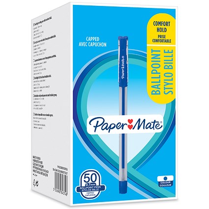 Paper Mate Ball Point Pen, 0.7mm, Capped, Ergonomic Grip, Blue, Pack of 50