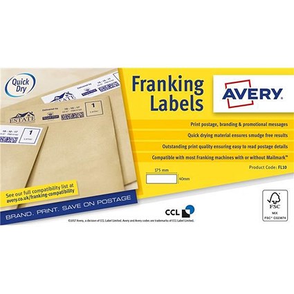 Avery FL10 Auto Franking, 1 Per Sheet, 175x40mm, White, 1000 Labels