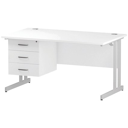 Trexus 1400mm Rectangular Desk, White Legs, 3 Drawer Pedestal, White