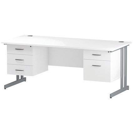 Trexus 1800mm Rectangular Desk, Silver Legs, 2 Pedestals, White