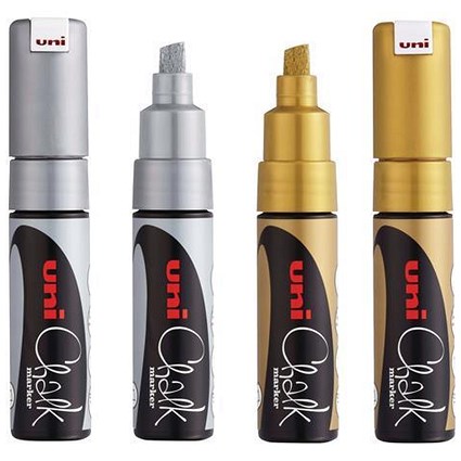 Uni-Chalk Marker Pen / Chisel Tip / Gold & Silver / Pack of 4